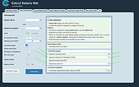 Captură de ecran pentru calculatorul de salariu net de pe portalul calculator-salarii.ro. În imagine se observă tipurile de taxe plătite de un angajat (fără copii sau alte persoane în întreținere) din salariul brut pe care îl câștigă în România.